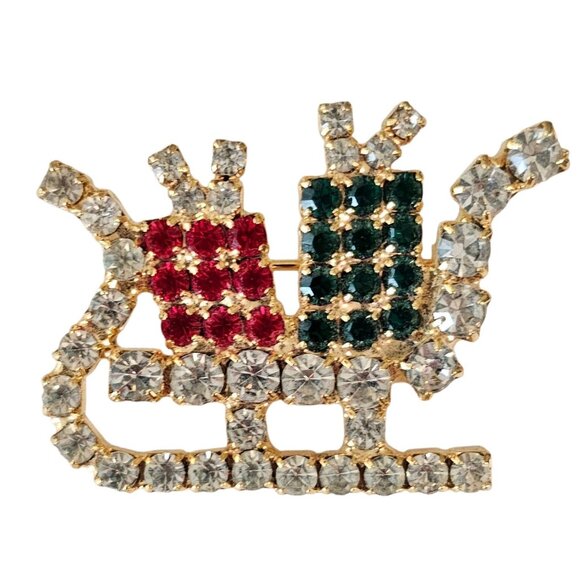 Santa's Sleigh Brooch Vintage Green Red Rhinestone Pin - Picture 9 of 9